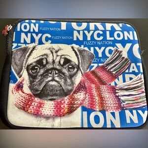 New Fuzzy Nation Pug Laptop Sleeve 11x8 3/4” blue with black